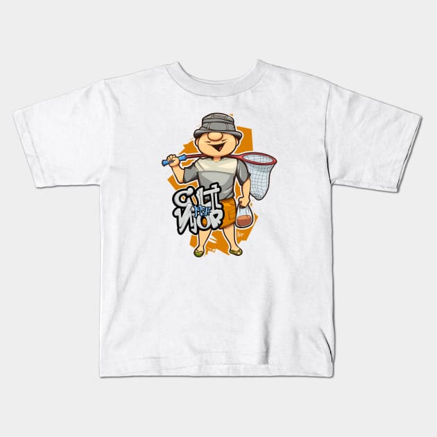 Fisherman Cartoon Character Kids T-Shirt by Alsiqcreativeart